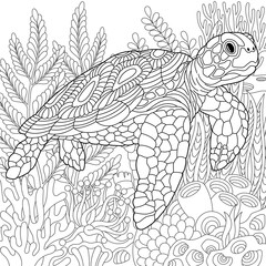 Underwater scene with a turtle. Adult coloring book page with intricate mandala and zentangle elements.