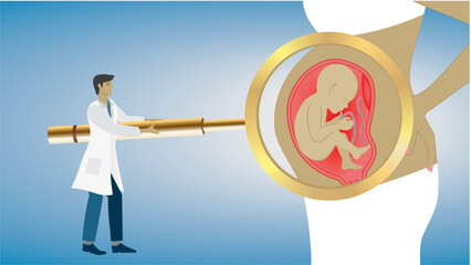 Focus on pregnancy. Man midwife, doctor, gynecologist with big golden magnifying glass looking at baby in womans belly. Dimension 16:9. Vector illustration.