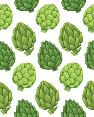 Vector seamless pattern with hand drawn artichokes on white background. Backdrop with cabbage. Texture with cartoon healthy vegetables