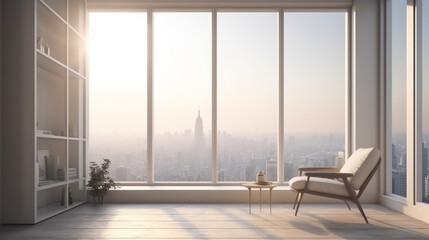 Room with a large window with a cityscape view, generative ai