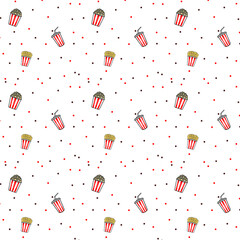 Cute illustration of Popcorn, soft drink, french fries doodles drawing on white background beautiful seamless pattern. For printing, fabric, textile, manufacturing, wallpapers.