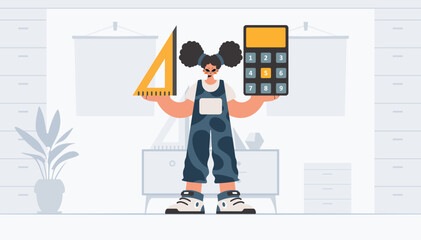 Energized lady holding a ruler and calculator, learning subject. Trendy style, Vector Illustration