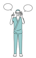 Fototapeta na wymiar 電話をしながら指さしをする中年・シニア男性入院患者