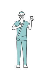 スマホのキャッシュレス・オンライン決済を勧める中年・シニア男性入院患者