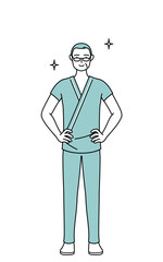 両手を腰に当てた中年・シニア男性入院患者