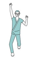 笑顔でジャンプする中年・シニア男性入院患者