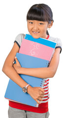 Young Asian girl wearing a backpack and carrying notebooks