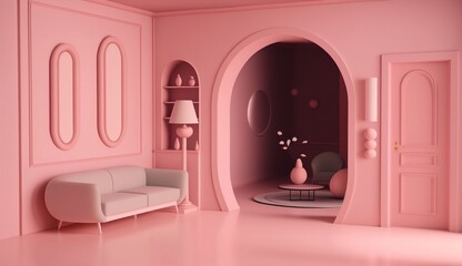 Pink living room interior design. Home background furniture 3d rendering of minimalist architecture modern house.