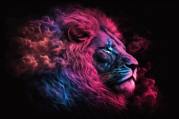 A lion with a colorful mane and blue eyes created with Generative AI technology