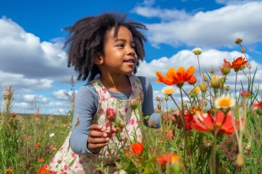 A smiling African American girl playing in field of colorful spring flowers