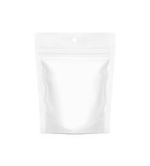 Food pouch stand up bag mockup. Vector illustration isolated on white background. Front view. Can be use for template your design, presentation, promo, ad. EPS10.