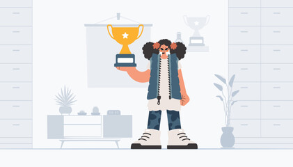 Energized lady holding the winner's holder. Trendy style, Vector Illustration