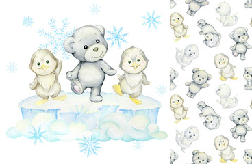 a white bear, penguins, dancing on an ice floe. Watercolor set, clipart and seamless pattern, on an isolated background.