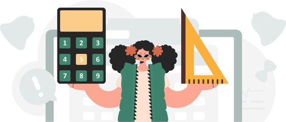 Naklejka premium Energized woman holding a ruler and calculator, learning subject. Trendy style, Vector Illustration
