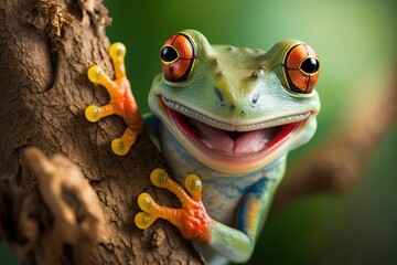 A close up of a frog on a tree created with Generative AI technology