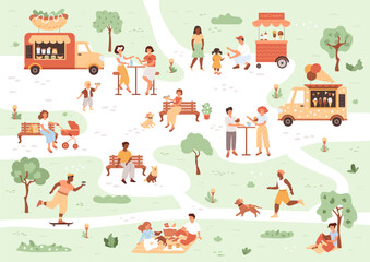 People eating in summer park. Ice cream van, hot dog truck, skater drink coffee, man running with dog, couple on picnic, female reading book, happy children. Vector public park with trees, mobile café