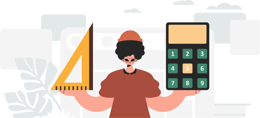 The person is holding a ruler and a calculator, learning subject. Trendy style, Vector Illustration