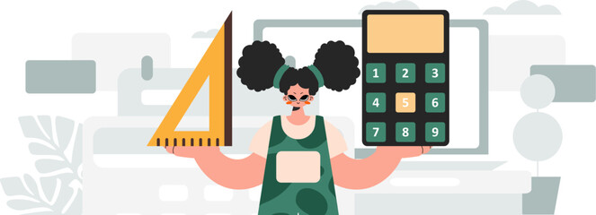 Energized woman holding a ruler and calculator, learning subject. Trendy style, Vector Illustration