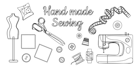 Needlework concept. Various sewing tools. Needles, scissors, yarn, sewing machine, buttons, spools, threads etc. Hand drawn colored vector set. Cartoon style, flat design. All elements are isolated