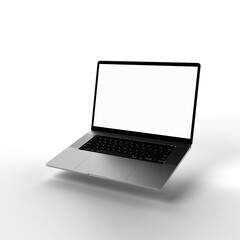 Modern thin laptop with transparent display and background. 3D Rendering.