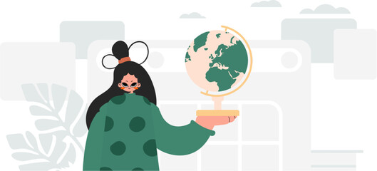 Energized lady holding a colossal globe, learning subject. Trendy style, Vector Illustration