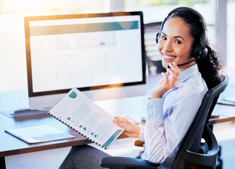 Woman, call center and portrait with microphone, documents or happy for crm, contact or customer service. Consultant, paperwork and listen on voip call for tech support, advice or telemarketing job