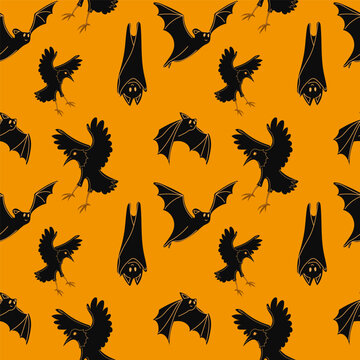 Halloween vector cartoon seamless pattern. raven and bats. Background for wallpaper, wrapping, packing, and backdrop
