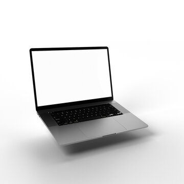Modern thin laptop with transparent display and background. 3D Rendering