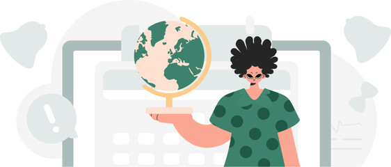 The individual is holding a colossal globe, the subject of learning. Trendy style, Vector Illustration