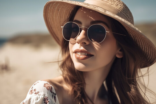 Beautiful young woman in hat and sunglasses on the beach. Toned. Generative AI