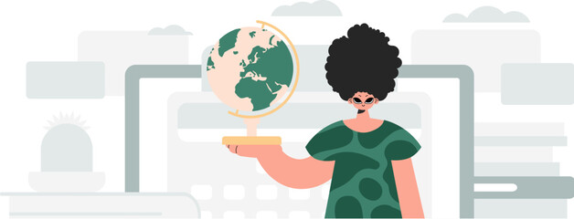 The person is holding a colossal globe, the subject of learning. Trendy style, Vector Illustration