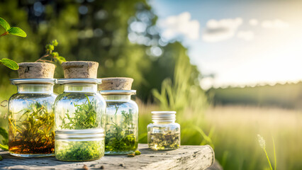 Glass medical jars with natural tinctures on wild herbs on wooden table on blurred lanscape background. Healing herbs assortment. Herbal apothecary. Alternative medicine. Front view. Generative ai - obrazy, fototapety, plakaty