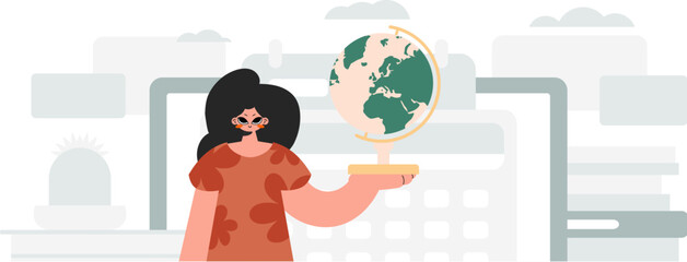 Energized lady holding a colossal globe, learning subject. Trendy style, Vector Illustration