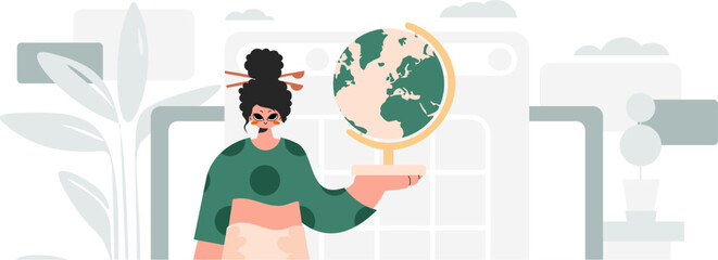 Energized woman holding a colossal globe, learning subject. Trendy style, Vector Illustration