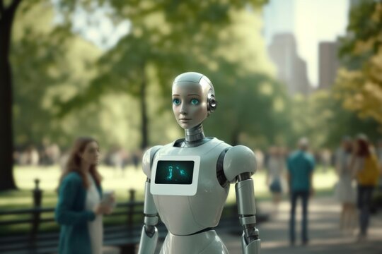 nurse assistant robot which simulates a future world where words coexist with robots In the background is a picture of people walking in a park with buildings and trees, technology and human
