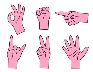 Set of hands with different gestures. Body parts in lineal flat style.