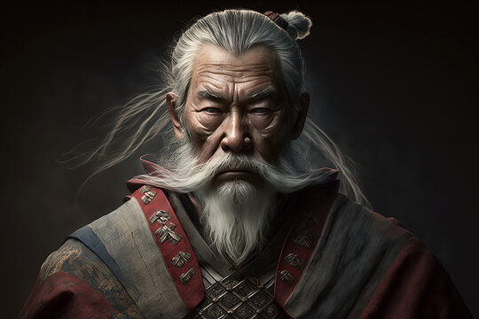 portrait of elderly samurai warrior in traditional Japanese armor. Generative AI