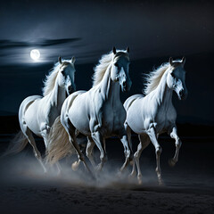 Naklejka na ściany i meble white horses on the beach in the moonlight night, generative ai