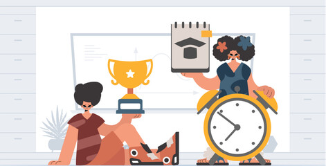 Fellow and young lady school understudies, examining essential school subjects. Trendy style, Vector Illustration