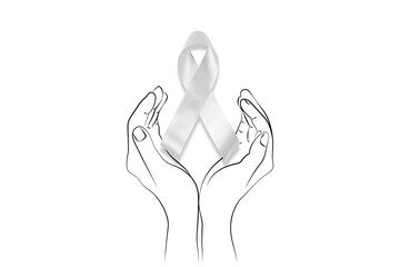 Person holding a white ribbon. Female hands holding white ribbon on a white background. November lung cancer awareness month.