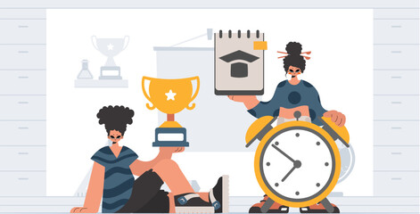 Individual and energized woman school understudies, analyzing to begin with school subjects. Trendy style, Vector Illustration