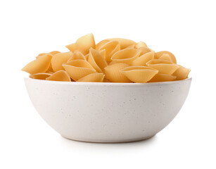 Bowl of raw conchiglie pasta isolated on white background