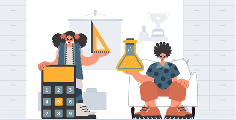 Person and energetic lady school understudies, analyzing principal school subjects. Trendy style, Vector Illustration
