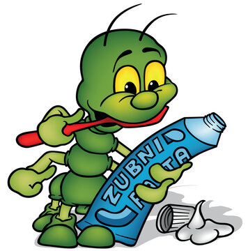 Green Centipede Brushing her Teeth and Holds a Toothpaste in Hands