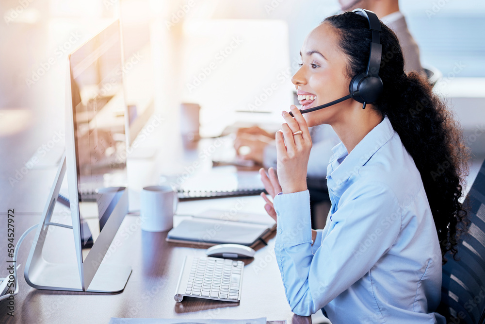 Poster call center, computer and explain with woman in office for customer service, technical support or he
