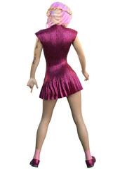 3D Fairy girl in pink sequins pleated dress