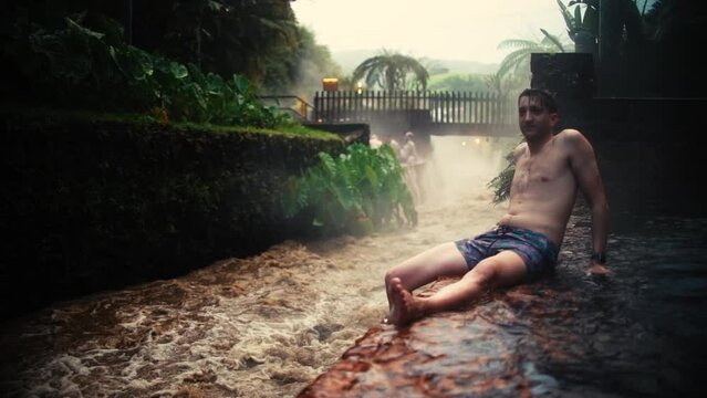 Termal bath relaxing spa in nature. Spa termas heatead water by volcano. People healing relaxing at spa.