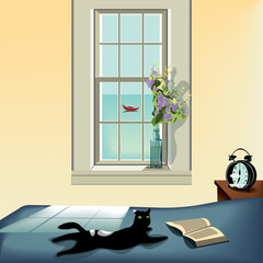 a nice bedroom interior with a bed, a black cat and a book on it, small table with a retro clock and a window with a sea view and a boat, morning light in the room.