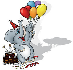 Cute Smiling Gray Elephant with Party Balloons and Birthday Cake at Celebration