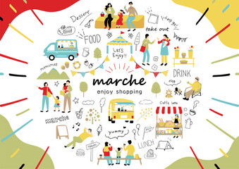 マルシェ　休日のマーケットで楽しむ人々 - obrazy, fototapety, plakaty